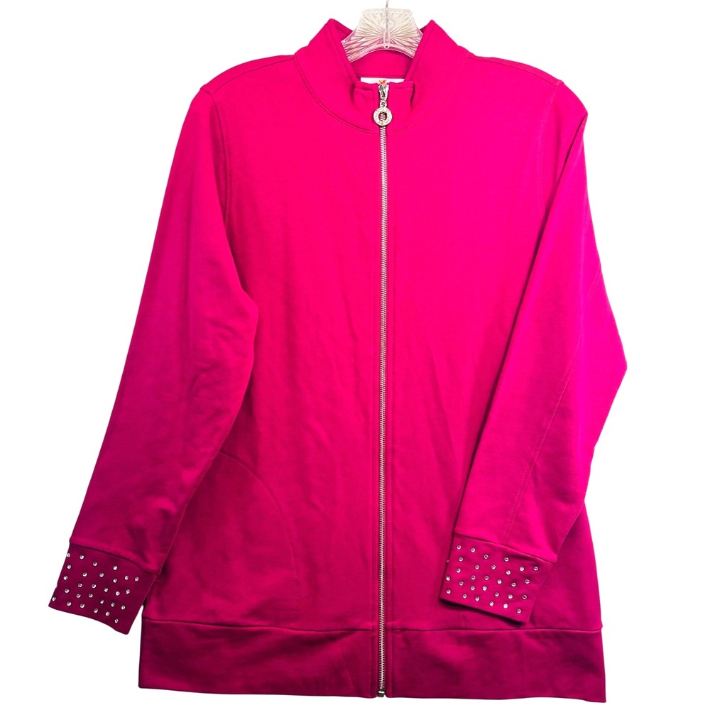 Quacker Factory Womens XS Magenta Pink Rhinestone Cuff Zip Up Jacket Mock Neck